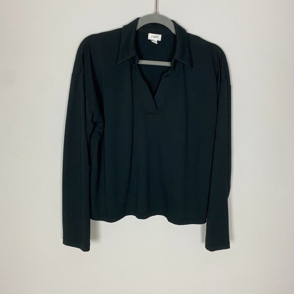 J Crew Soft Terry Polo Shirt Womens Medium Black Long‎ Sleeves V Neck